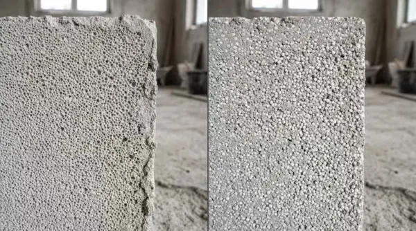 Porównanie przekroju pianobetonu (beton komórkowy) i styrobetonu z granulatem EPS